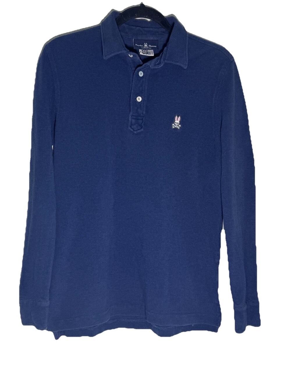 Psycho Bunny Logo Navy Blue Pique Polo Long Sleeve Mens Shirt Sz S Small Preppy